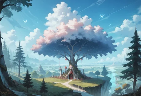 (score_9), (score_8_up), (score_7_up), (Cell Shading), (source_anime)+, (masterpiece), best quality, tree, bioluminescent trees, floating islands, fantasy aesthetic, misty atmosphere, surreal sky, style-sylvamagic, white void