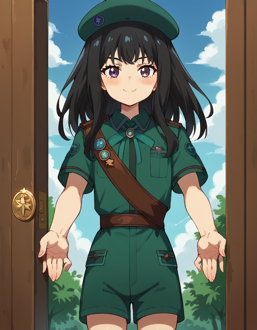 score_9, score_8_up, score_7_up, source_anime, <lora:takina-inoue-s1-ponyxl-lora-nochekaiser:1>, inoue takina, long hair, bangs, black hair, purple eyes, <lora:girl-scout-uniform-ponyxl-lora-nochekaiser:1> girl scout uniform, badge, beret, breast pocket, girl scout, green hat, hat, short sleeves, shirt, green shirt, shoulder sash, medal, button badge, uniform, shorts, green shorts, short shorts, kneehighs,, smile, blush, looking at viewer, blue sky, clouds, entrance, doorway, <lora:incoming-gift-ponyxl-lora-nochekaiser:1>, incoming gift, outstretched arms, holding, holding box, box, cardboard box,, cowboy shot,