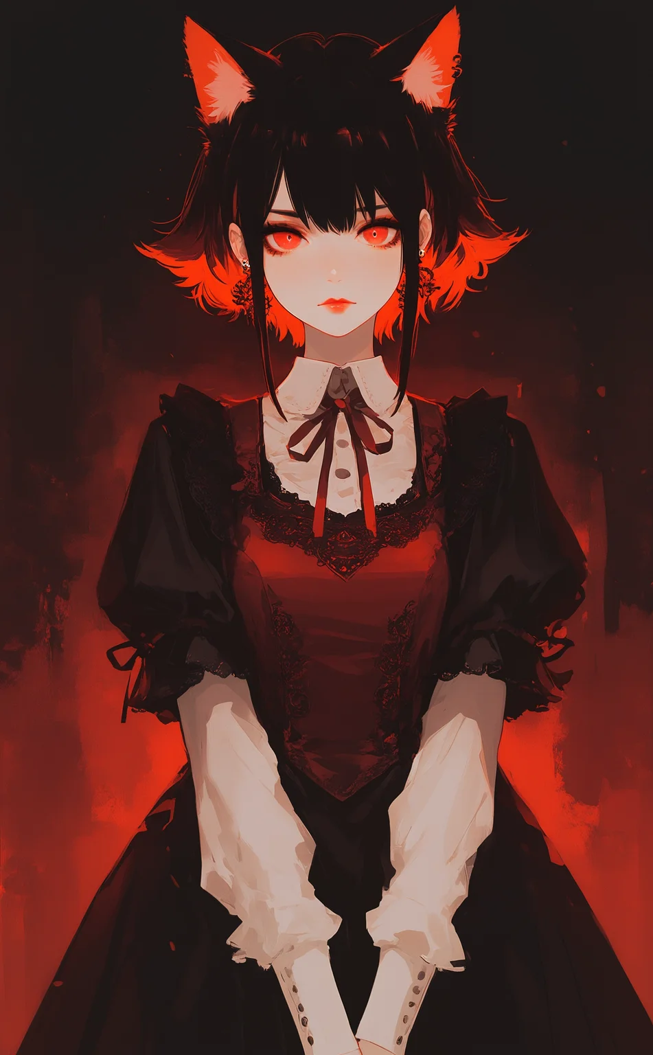masterpiece, best quality, amazing quality, 1girl, solo, looking at viewer, short hair, black hair, long sleeves, red eyes, dress, animal ears, closed mouth, upper body, short sleeves, sidelocks, cowboy shot, earrings, red hair, puffy sleeves, cat ears, black dress, animal ear fluff, puffy short sleeves, lips, neck ribbon, red dress, extra ears, v arms, red lips, short over long sleeves, red theme <lora:ppw_v7_noobEv1.1:0.5> <lora:XXX667:0.5> <lora:nhl-004:0.8>