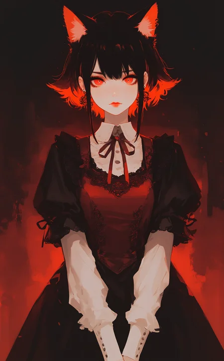 masterpiece, best quality, amazing quality, 1girl, solo, looking at viewer, short hair, black hair, long sleeves, red eyes, dress, animal ears, closed mouth, upper body, short sleeves, sidelocks, cowboy shot, earrings, red hair, puffy sleeves, cat ears, black dress, animal ear fluff, puffy short sleeves, lips, neck ribbon, red dress, extra ears, v arms, red lips, short over long sleeves, red theme <lora:ppw_v7_noobEv1.1:0.5> <lora:XXX667:0.5> <lora:nhl-004:0.8>