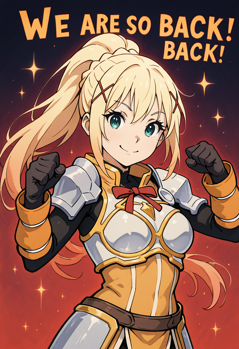 masterpiece, best quality, 1girl, solo, eyelashes, (beautiful eyes),    We4reSoB4ck, text, medium breasts, (curvy),   darkness \(konosuba\), long hair, green eyes, blonde hair, hair ornament, ponytail, braid, x hair ornament,, gloves, armor, bodysuit, shoulder armor, armored dress,  dynamic pose, foreshortening,  (upper body), smile, looking at viewer, gradient background,   ,<lora:We4reSoB4ck_IXL_v1:1.0>,