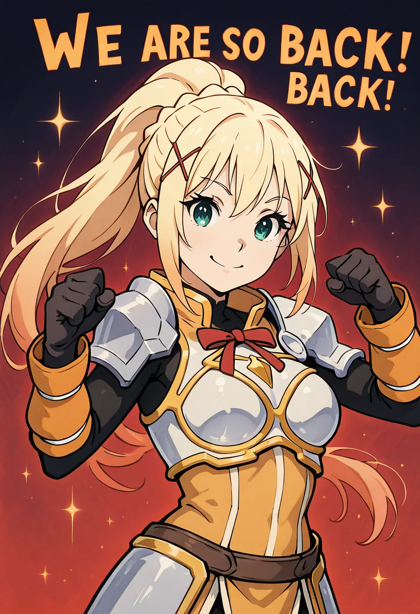 masterpiece, best quality, 1girl, solo, eyelashes, (beautiful eyes),    We4reSoB4ck, text, medium breasts, (curvy),   darkness \(konosuba\), long hair, green eyes, blonde hair, hair ornament, ponytail, braid, x hair ornament,, gloves, armor, bodysuit, shoulder armor, armored dress,  dynamic pose, foreshortening,  (upper body), smile, looking at viewer, gradient background,   ,<lora:We4reSoB4ck_IXL_v1:1.0>,