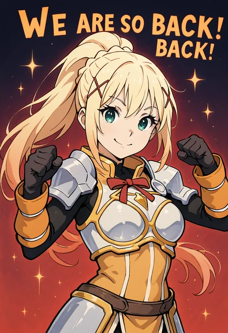 masterpiece, best quality, 1girl, solo, eyelashes, (beautiful eyes), We4reSoB4ck, text, medium breasts, (curvy), darkness \(konosuba\), long hair, green eyes, blonde hair, hair ornament, ponytail, braid, x hair ornament,, gloves, armor, bodysuit, shoulder armor, armored dress, dynamic pose, foreshortening, (upper body), smile, looking at viewer, gradient background, ,<lora:We4reSoB4ck_IXL_v1:1.0>,