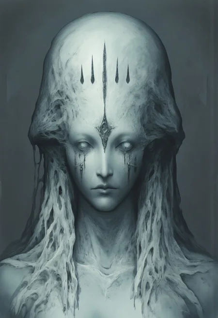 MikeFranchinastyle, Surreal art, d4artstyle, d4concept, , made of clay, aidmaMJ6.1, ZBClay model of a gray sculpture, Kentaro Miura, berserk style, ral-mold
Create an ethereal, otherworldly humanoid with a hauntingly serene appearance. The figure has a slender, elongated face framed by long, flowing white hair that cascades over its shoulders, giving it a ghostly, timeless quality. Its skin is pale, almost ashen, enhancing the sense of mystique. The most striking feature is a series of three vertically aligned eyes set deep within elongated, tear-shaped recesses on its forehead, giving it an intense, hypnotic gaze. These eyes are pale and glassy, exuding a sense of wisdom and detachment.
The facial structure is refined, with high cheekbones and a subtly elongated neck, emphasizing its elegant, almost delicate form. The mouth is thin and slightly pursed, evoking an air of calm introspection or silent understanding. The overall color palette is cool and muted, focusing on shades of white, grey, and pale skin tones, creating a being that feels both serene and unsettling, as though it exists beyond human comprehension.