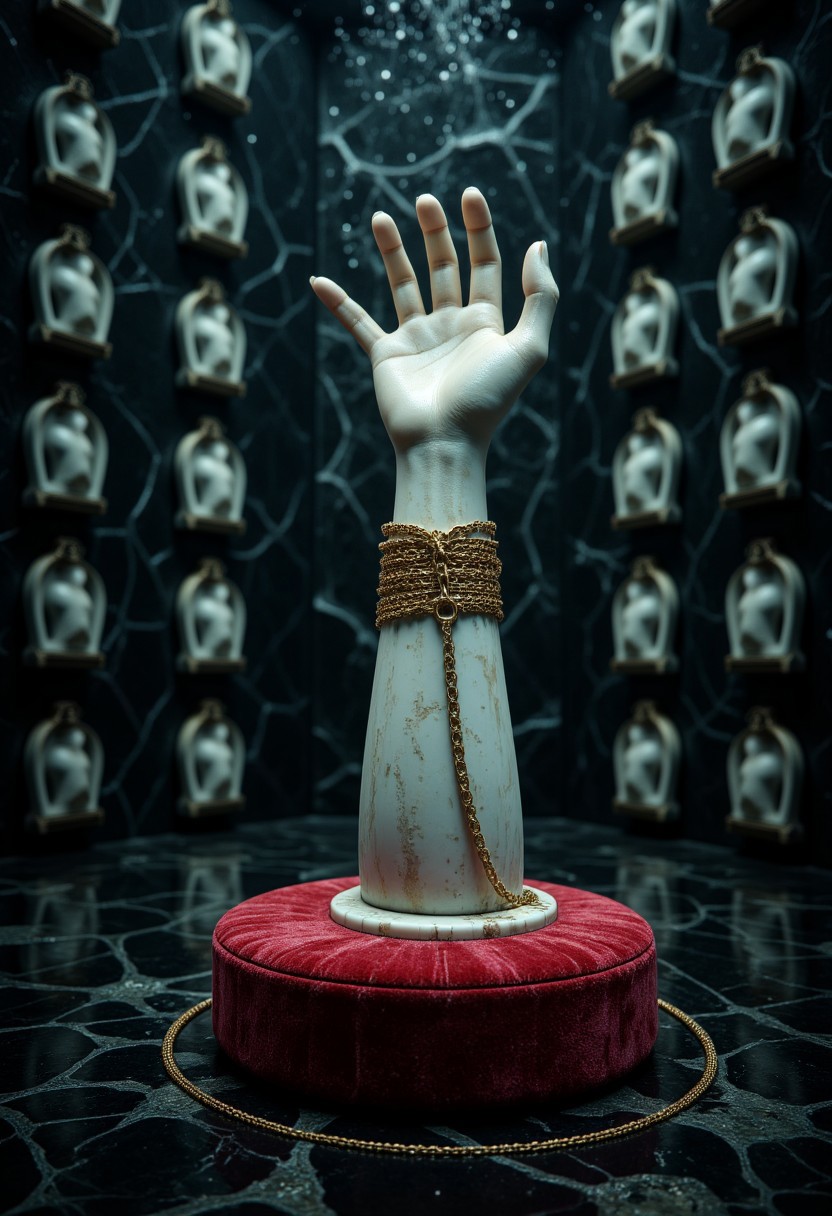 A severed hand made of polished marble, its fingers outstretched as if grasping for something unseen, rests upon a velvet pedestal in a vault submerged beneath blackened waters. Golden chains wrap tightly around the wrist, anchoring it to the pedestal, and yet the hand twitches occasionally, its movement slow but deliberate. The vault is lined with mirrors, though none of them reflect the hand—only the ever-growing cracks that spiderweb across their surfaces.
   , aidmamjv7, aidmaHyperrealism, aidmaimageupgrader