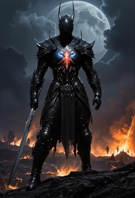 a fearless black knight, his obsidian armor intricately forged with sharp angular patterns and adorned with faint etchings of ancient runes that glimmer faintly. The armor's breastplate is engraved with an elaborate depiction of a dragon, its scales catching the moonlight with a subtle blue shimmer, while the edges of his pauldrons and gauntlets reflect the flickering orange glow of nearby flames. His helmet, crowned with slender, menacing horns, casts a deep shadow over his face, save for the piercing glow of his eyes beneath the visor. His massive greatsword, sharp and jagged, rests firmly in his hand, its blade etched with glowing red veins, pulsating as if alive with power.
The knight stands atop a scorched hill, overlooking a battlefield where dying fires still burn, casting flickers of orange light that dance upon his polished armor. The sky is a blend of inky darkness and clouds lit faintly the sky, while the fireâs warm glow provides a stark contrast, bathing one side of his form in a fiery aura. The shadows from the battlefield stretch long behind him, enhancing the depth of the scene, as distant soldiers clash in the background, their silhouettes barely visible in the haze of smoke and moonlit fog. Every detail of his armor is defined with precision, from the rivets holding his plating together to the texture of the chainmail beneath. The atmosphere is tense and haunting, with a balance of cold and warmth in the lighting, creating a captivating, cinematic moment of quiet before battle. highly detailed, ultra detailed, masterpiece <lora:artisketchyfs-v02:0.8> <lora:fluxenhancer:0.3> <lora:flux_realism_lora:0.7> <lora:Aura_Flux:0.3> <lora:aidmaHyperrealism:1> aidmaHyperrealism <lora:dark_fantasy_flux:0.7>