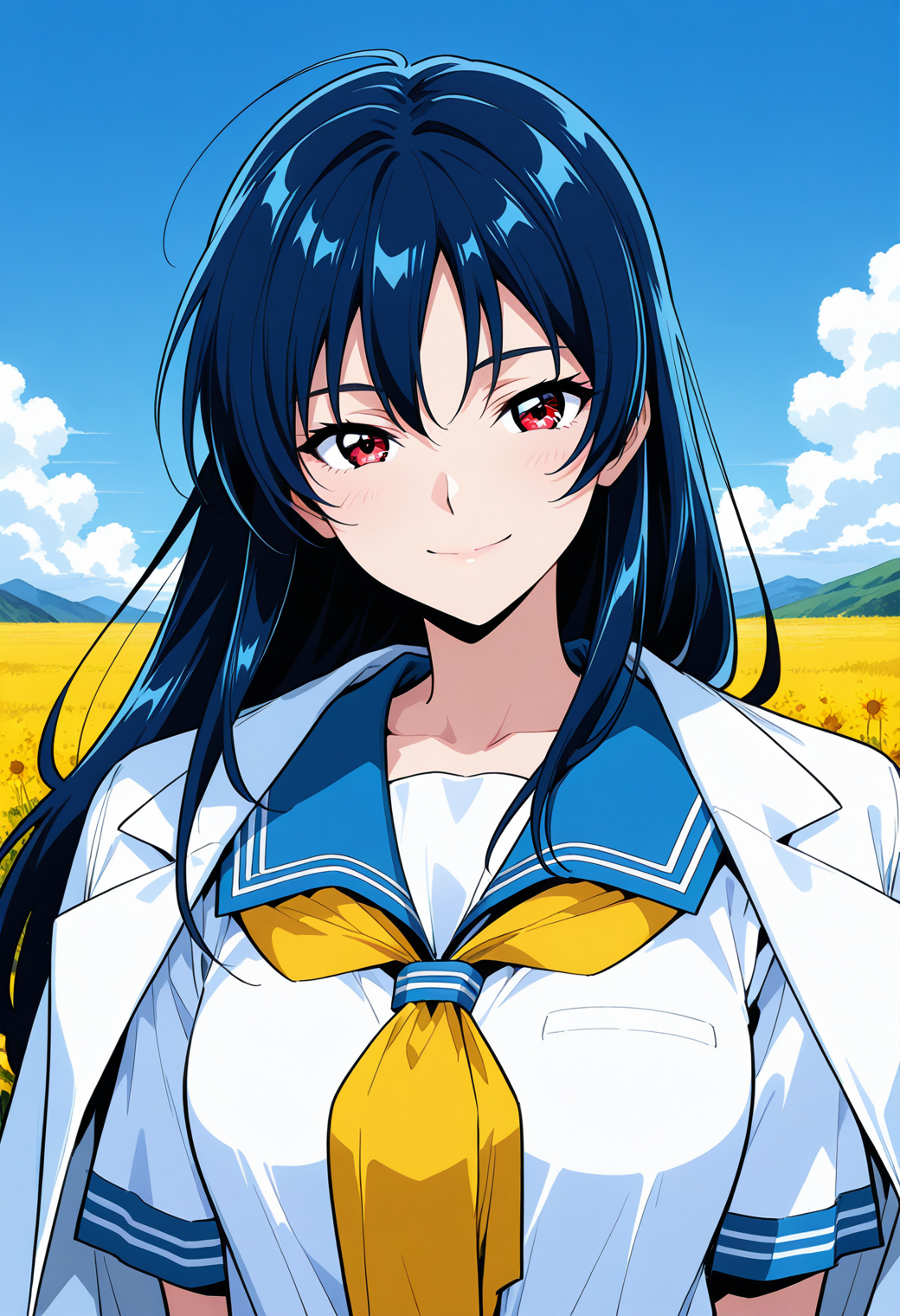 ougigaya_tetsuko, red eyes, blue hair, long hair, BLEAK jacket on shoulders, lab coat, school uniform, serafuku, blue sailor collar, yellow neckerchief, short sleeves, <lora:asuka120_ougigaya_tetsuko_illustrious_ver1:0.8> 
smile, upper body,, masterpiece, best quality, sensitive,, 1girl, solo, (field:1.2), (blue sky:1.2), looking at viewer,