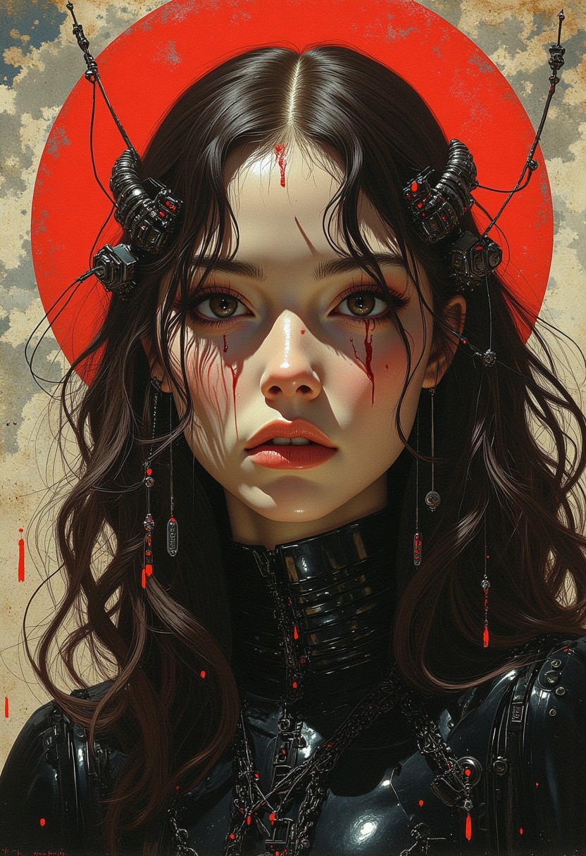 ((Dark Renaissance Bartolome Murillo)) ((ethereal glamorous cyborg samurai princess with wires)), extremely complex technical details. Face close-up, wires and cables, And also translucent vintage mechanical robotic hoses, bright faded red-gray and deep black colors, solo, tragic scene, halo,
dark clouds, black sad eyes, half-turned gaze towards the viewer, bowed head, dark tunic, curly brown hair, ((Bartolome Murillo style)), dark renaissance, gradient of aged yellowed canvas, ((best quality, masterpiece)), (more rights high detail), Impressionism:1.1, 8k