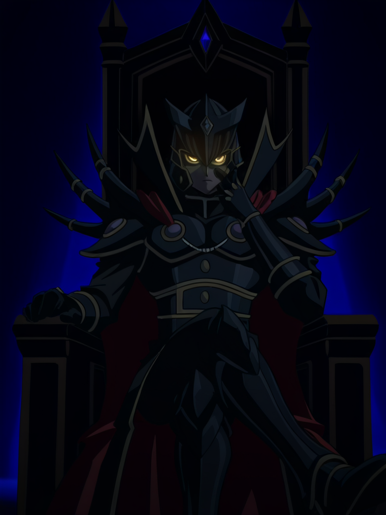 1boy,  sitting on throne, throne room,  crossed legs, HAND RESTING ON THE FACE,  glowing eyes, serious, 
 <lora:supreme_kinh:0.9> Supre2meGXKing,black helmet, black armor,red cape,  yellow eyes, 
DARK ROOM, 
<lora:DarkSlider1.2_alpha1.0_rank16_full_300steps:-0.5> dark,late night,blue hour,, masterpiece, high quality, absurdres, best quality, very aesthetic, newest, ,