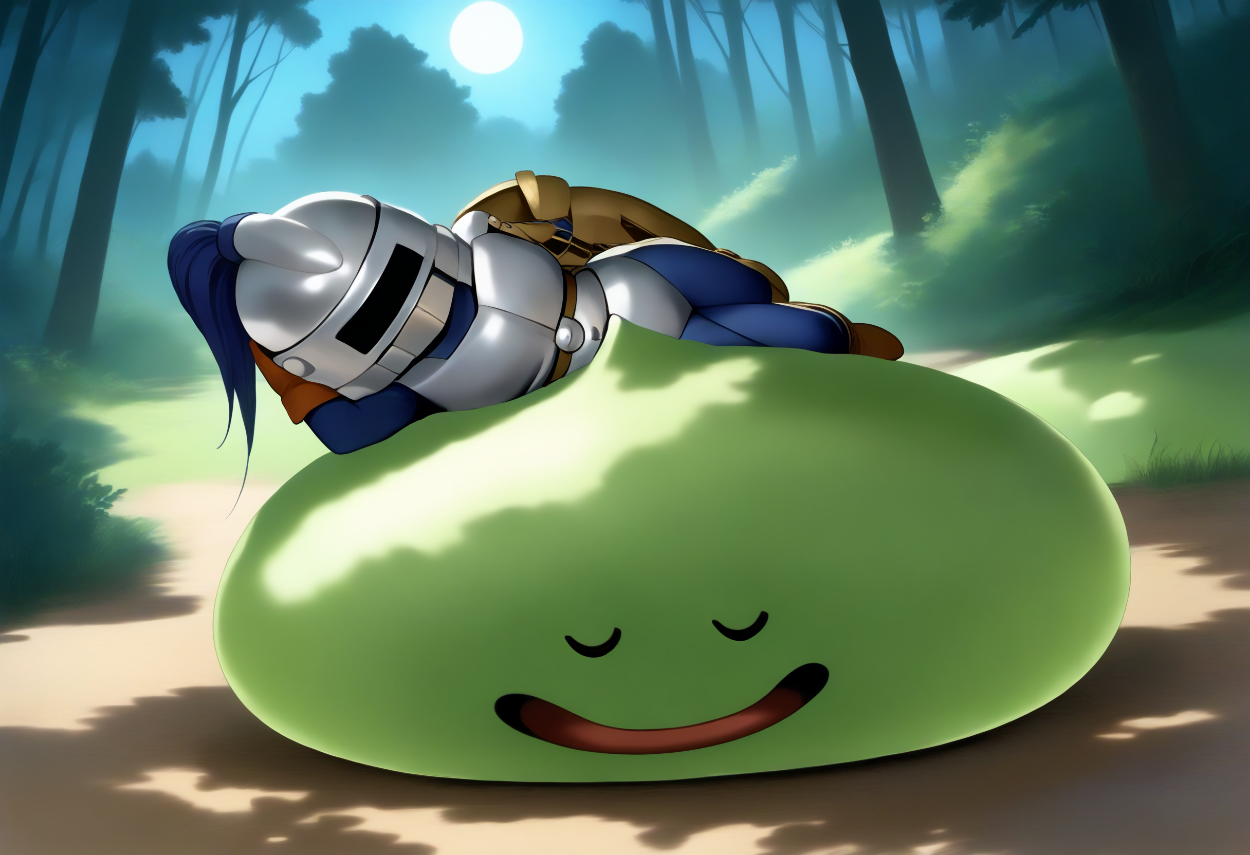 score_9,score_8_up,score_7_up,best quality,masterpiece,super detailed,extreme detailed,full_body,zPDXL BREAK forest,night,
<lora:Pony_DetailV2.0:1>,slime knight,slime_(dragon_quest),armor,helmet,knight,<lora:slime knight:1>,sketch,sleeping,closed eyes,