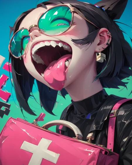 <lora:add-detail-xl:0.6>
<lora:Punk_Anime_XL:1>,
1girl, bag, black hair, earrings, fangs, inverted cross, long hair, looking at viewer, open mouth, pink hair, green background, blue eyes, short hair, solo, teeth, tinted eyewear, tongue,
