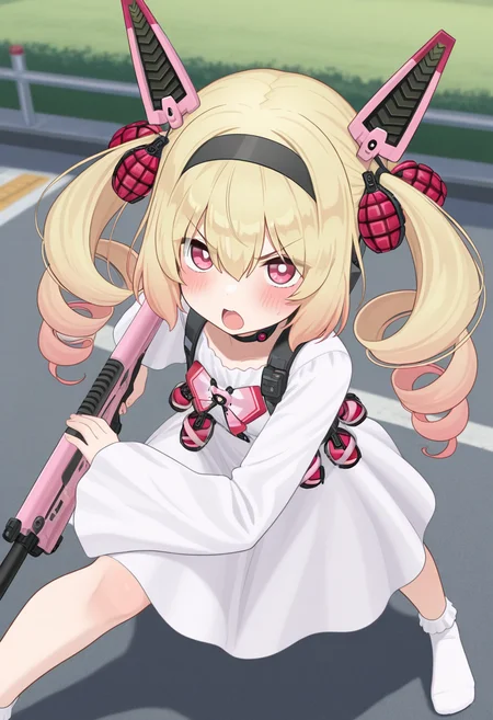 ikinone_tomeru, blonde hair, twintails, hairband, multicolored hair, black hairband, hair ribbon, pink eyes, long hair, gradient hair, headgear, hair between eyes ,drill hair, mechanical ears,
choker, white dress,ong sleeves, grenade, bow, ribbon, official alternate costume, white socks, no shoes,
holding pink weapon,
<lora:ikinone_tomeru_Illustrious-XL_2.0_v1:1>, IllusP0s,masterpiece, best quality, amazing quality, very aesthetic, absurdres, newest
solo,1girl,, standing, (dynamic pose,fighting stance), open mouth, blush, v-shaped eyebrows,
looking at viewer,(upper body, close-up),
(outdoors, )