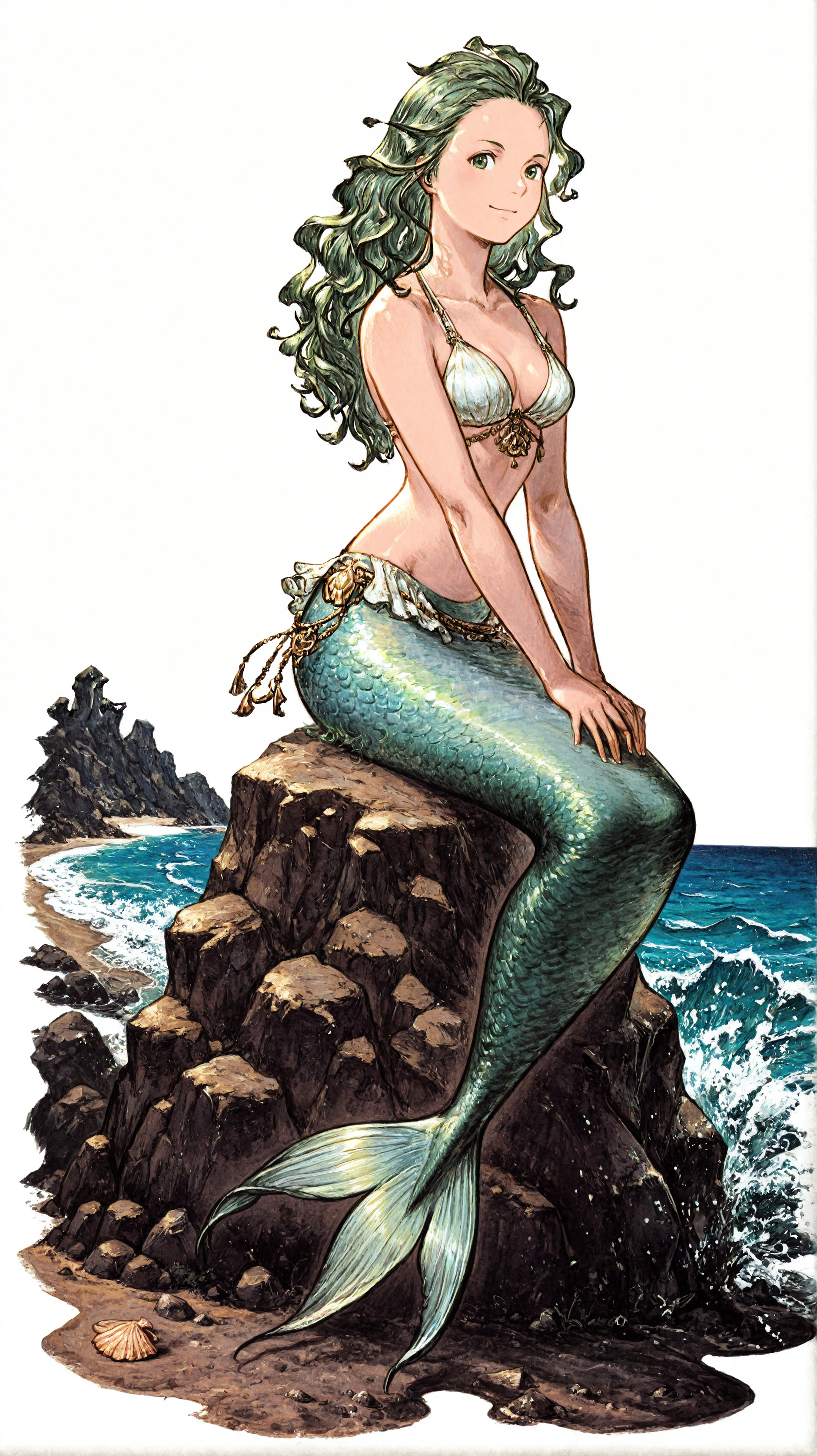 (simple white background), 
(solo focus, solo),  fullbody shot, 
ocean shore, moonlit waves, rocky cliffs, soft glow, night sky,
1girl, young adult, pretty, female focus, green eyes,
green hair, long hair, wavy hair, seashell_bikini, green mermaid_tail, shimmering scales, (happy),
sitting on sea rock, looking at viewer, waves splashing,
good hands,
BREAK
( color ink \(medium\), graphite \(medium\), gouache \(medium\) :1.3),(triangle strategy,octopath traveler:1,square enix:0.8),(book art:0.8),(1990s \(style\):0.8),<lora:[GAME ARTIST] Naoki Ikushima_epoch_13:1>,
,JanMatejkoStyle-IL.V1.0, oil painting, masterpiece, best quality,  elegant fantasy, soft colors, no humans,