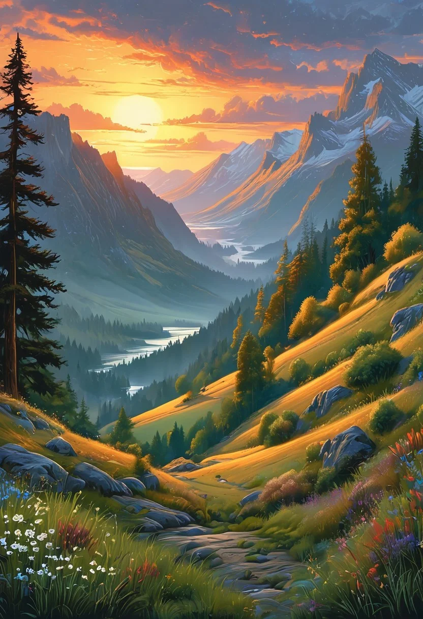 A captivating night scene illustration featuring a beautiful scene of the great out doors in the pacific northwest.. There are great mountains, pine forests, and rivers. It is an outdoorsman's dream. This enchanting artwork captures a serene and peaceful night, where the sun is just starting to rise over the beautiful hills and castle which stands resolute amidst hills of Wales, creating a cinematic experience., illustration, cinematic
<lora:DonM3t3rn1tyXL-v1.1:0.7>, DonM3t3rn1tyXL,
OverallDetailXL <lora:MJ52:0.3> <lora:SDXLFaeTastic2400:0.4> <lora:EpicF4nta5yXL:0.7>