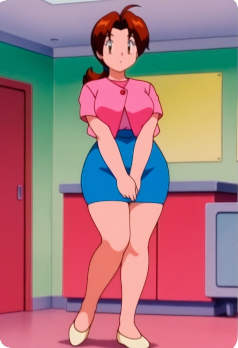 retro artstyle, 1990s \(style\), pokemon \(classic anime\), deliaca, 1girl, solo, brown eyes, long hair, looking at viewer, skirt, brown hair, standing, jacket, full body, ahoge, ponytail, short sleeves, shoes, parted bangs, blue skirt, white footwear, own hands together, pencil skirt, v arms, |_|, pink jacket, retro artstyle, shirt, jewelry, indoors, pink shirt, mature female, delia ketchum, thick thighs, wide hips, curvy, large breasts, saggy breasts,
<lora:Delia_Ketchump_Classic_Anime:1>
