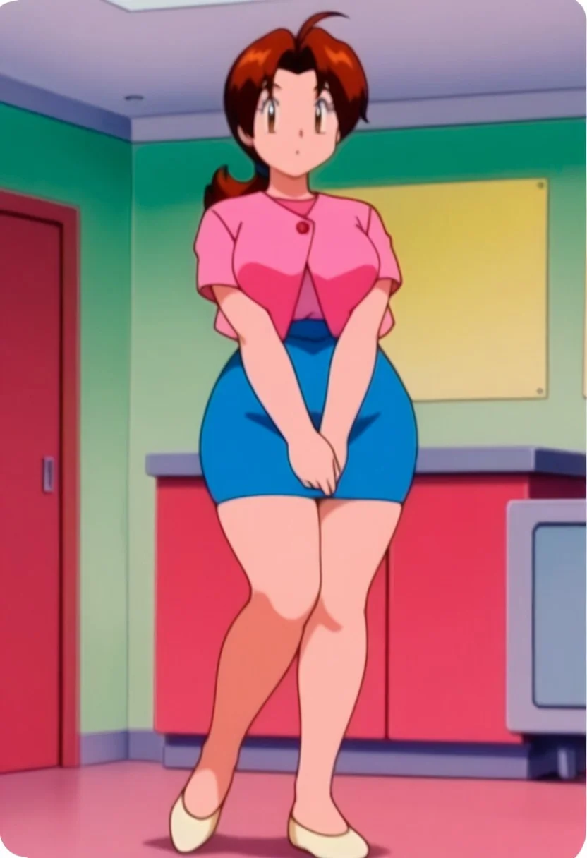 retro artstyle, 1990s \(style\), pokemon \(classic anime\), deliaca, 1girl, solo, brown eyes, long hair, looking at viewer, skirt, brown hair, standing, jacket, full body, ahoge, ponytail, short sleeves, shoes, parted bangs, blue skirt, white footwear, own hands together, pencil skirt, v arms, |_|, pink jacket, retro artstyle, shirt, jewelry, indoors, pink shirt, mature female, delia ketchum, thick thighs, wide hips, curvy, large breasts, saggy breasts,
<lora:Delia_Ketchump_Classic_Anime:1>