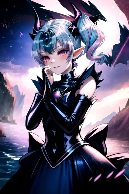 EvlSM, DarkPrecure, Bad_End_Precure, CorruptA, professional image of a cute young woman, (frilly elegant glossy dark holographic dress, crescent brooch, crescent earrings, crescent accessories:1.2),
(blue water dragon horns, blue water dragon tail:1.3), (short hair, side ponytail, hair above cheeks, light blue hair with light pink hairtips, gradient hair, multicolored hair:1.4), red eyes, (small breasts, cute face, pointy ears, evil smile:1.1), (sparkles, sparkling clothes, sparkles near eyes:1.3),
(intricate aquatic background, underwater, sparkling water, ocean floor, corral reef, bubbles:1.2),
(ultra wide angle shot, cinematic style, absurdres, incredibly absurdres, huge filesize, extremely detailed, High quality texture, physically-based rendering, Ray tracing, octane render, sharp focus, (8k), (4k), (Masterpiece), (Best Quality), extremely detailed, intricate, hyper detailed, illustration, soft lighting, high resolution, sharp detail,)