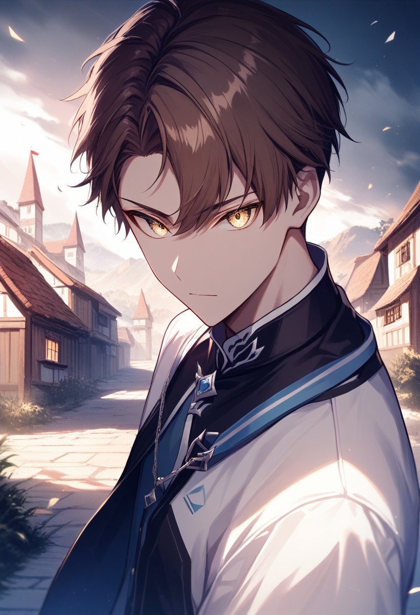 (best quality, masterpiece), 1 boy,18 years old, medieval village, dark mood, Arrogant,
brown hair, super short hair, blue and white color student uniform
 , looking at viewer, Unobtrusive golden eyes, Dull golden eyes,