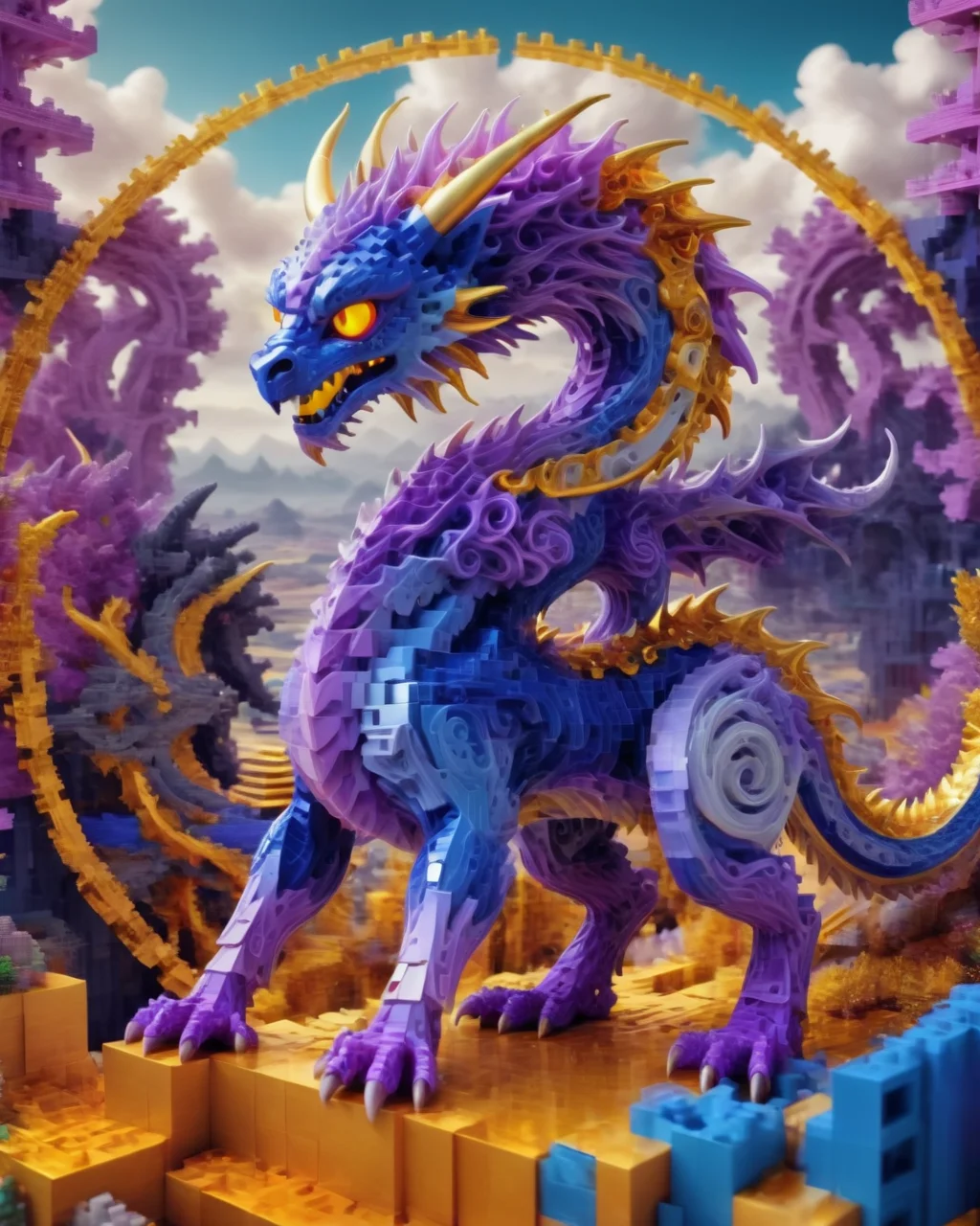 ((best quality)),(masterpiece),dragon,awardwinning,Psykadelicwoxel3d, psychedelic,<lora:Psykadelicwoxel3d-step00000350:1>,scenery in the background,made of voxels