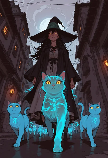 score_9, score_8_up, score_7_up, masterpiece, best quality, very aesthetic, 1girl, incoth, (incase:0.6), detailed face, (dynamic:1), stylized, illustration, r17329_illu, mage in background, mage brimhat, witch hat, robes, long hair, golden eyes, ethereal cats, ghost cats, summoner, (cats in foreground:1.1), perspective, from below, street, background, cats running at viewer, (transparent cats, glowing cats:1.1), blue cats, cute face, freckles, 