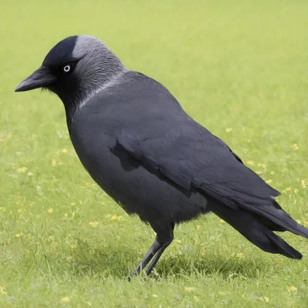 jackdaw, corvid, bird, feral, animal focus, fullbody, solo, standing, from side, field, grass, [soil], [flowers], [forest], photo, general, year 2024, masterpiece, best quality, absurdres, very aesthetic, very awa