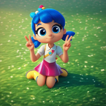 score_8, score_9, solo, true, blue hair, twintails, hair ornament, blue eyes, skirt, boots, peace sign, outdoors, grass