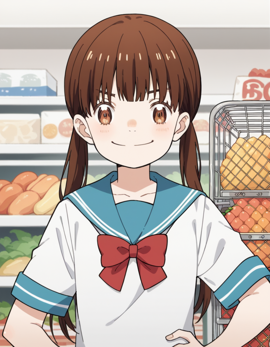 score_9, score_8_up, score_7_up, source_anime, <lora:hinata-kawamoto-s2-ponyxl-lora-nochekaiser:1>, hinata kawamoto, long hair, bangs, brown hair, twintails, brown eyes, low twintails,, shirt, bow, school uniform, white shirt, short sleeves, serafuku, bowtie, sailor collar, red bow, blue sailor collar, red bowtie,, grocery store, shopping cart, picking fruits, everyday life, , smile, , smug, hand on hips,, solo,, dutch angle,