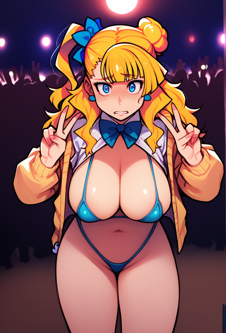 score_9, score_8_up, score_7, source_anime, BREAK, upperbody, 1girl, double v, peace sign, photo-op, photoshoot, crowd, galko-chan, 1girl, blue eyes, long blonde hair, hairbow, large breasts, thong, minibikini, large breasts, slight blush, looking at viewer, nervous, parted lips, warm lighting, 