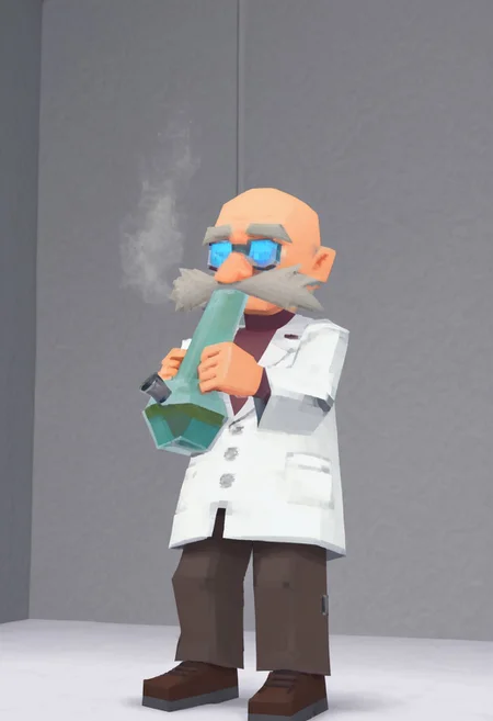 laboratory background, 1boy, GeraldRobotnik, 1boy, white scientist's lab coat, distinctive long white mustache, brown trousers, matching brown shoes, maroon red shirt, blue goggles, bald, inhaling, standing, bongil, lowpoly, ps1, psx, low poly, 3d