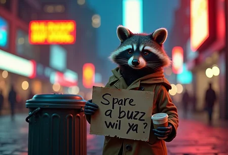 A lone, scrappy raccoon stands at a bustling city intersection at twilight. Heâs dressed in a patched-up trench coat that's clearly been scavenged from various fabrics, with a few mismatched buttons and a small tear at the hem. He clutches a cardboard sign with a pleading look in his wide eyes. The sign reads, "Spare a buzz, will ya?" written in messy, slightly smudged lettering, as if itâs been reused countless times.
Around him, the city lights blur in vibrant colorsâreds, blues, and yellows casting a neon glow on the scene. The raccoon stands next to an overturned trash bin, which adds to his rough-around-the-edges vibe. His tail pokes out from under his coat, bushy and unkempt, and he holds an old, dented coffee cup in his other paw, as if waiting for any buzz "spare change" he might get.
Above him, a glowing billboard displays a bright lightning bolt symbol, echoing the emblem of buzz coins in other images, hinting that this little raccoon knows exactly where he can score some buzzes if anyone is generous enough. The entire scene is tinged with a mix of humor and determination, capturing the city raccoonâs hopeful, scrappy attitude in his quest for buzz.