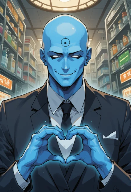 score_9, score_8_up, score_7_up, score_6_up, source_anime, 1boy wearing black suit, in a lab <lora:Doctor_Manhattan:0.9> drmanhattan, bald,blue skin, glowing eyes, no pupils, (heart hands, smile BREAK anime style, key visual, vibrant, studio anime, highly detailed
