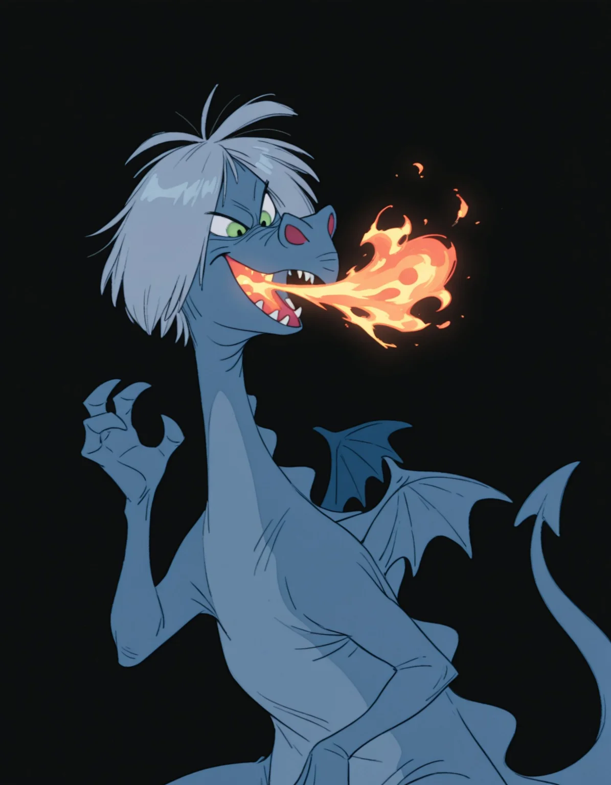 smooth quality, masterpiece, very intricate, high quality details, ultra realistic, high detailed skin, detailed environment, absurdres, solo, simple background, black background, color drain, erosdragonmadammim, blue dragon, green eyes, grey hair, wings, tail, animal, no humans, sharp teeth, evil face, claws, fire, breathing fire