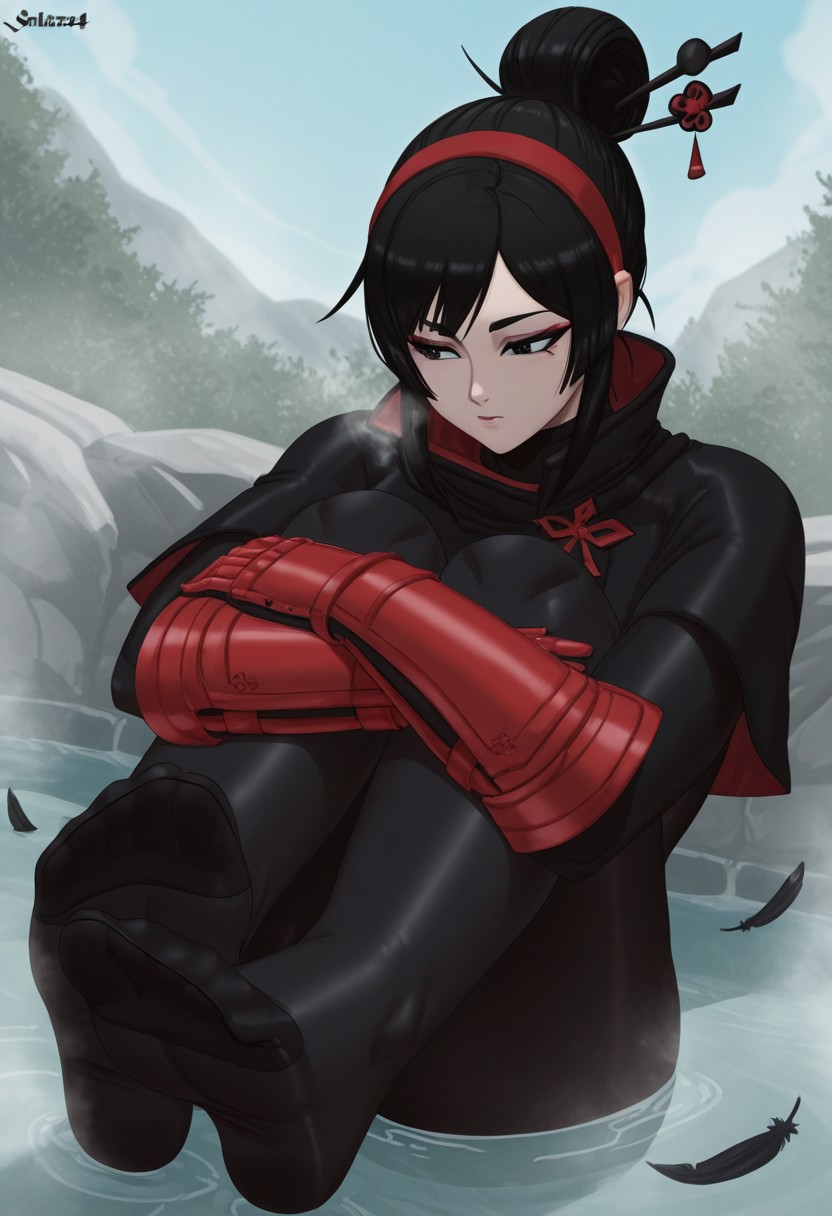 salazr4, outdoors, undershirt, falling feathers, black bodysuit, hair stick, hugging knees, knees to chest, gauntlets, eyeshadow, red gloves, two sides up, black capelet, red hairband, black eyes, 1girl, solo, feet, visible breath, dynamic angle, foreshortening, smell, steam, onsen, water