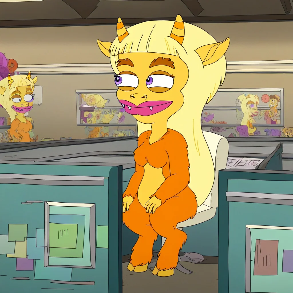 big ears, furry, alloy orange body fur, standing, purple blue eyes, little fangs, fluorescent pink lips, medium stature, yellow horns, 1girl, broad mouth, brown eyebrows, yellow skin, Lorraine_BM, full body, Solo, blonde hair, female monster, long hair, Score_9, hooves as feet