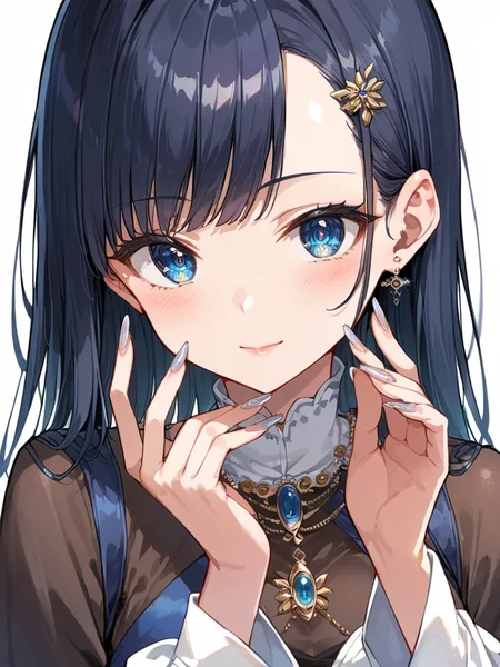 score_9, score_8_up, score_7_up,(source_anime:1.3), high res image,masterpiece,best quality,girl,cute face,clear skin,shiny hair,ultra detailed eyes,simple background, <lora:nail art_pony_V1.0:1> nail art, fingernails,jewelry nails,long nails