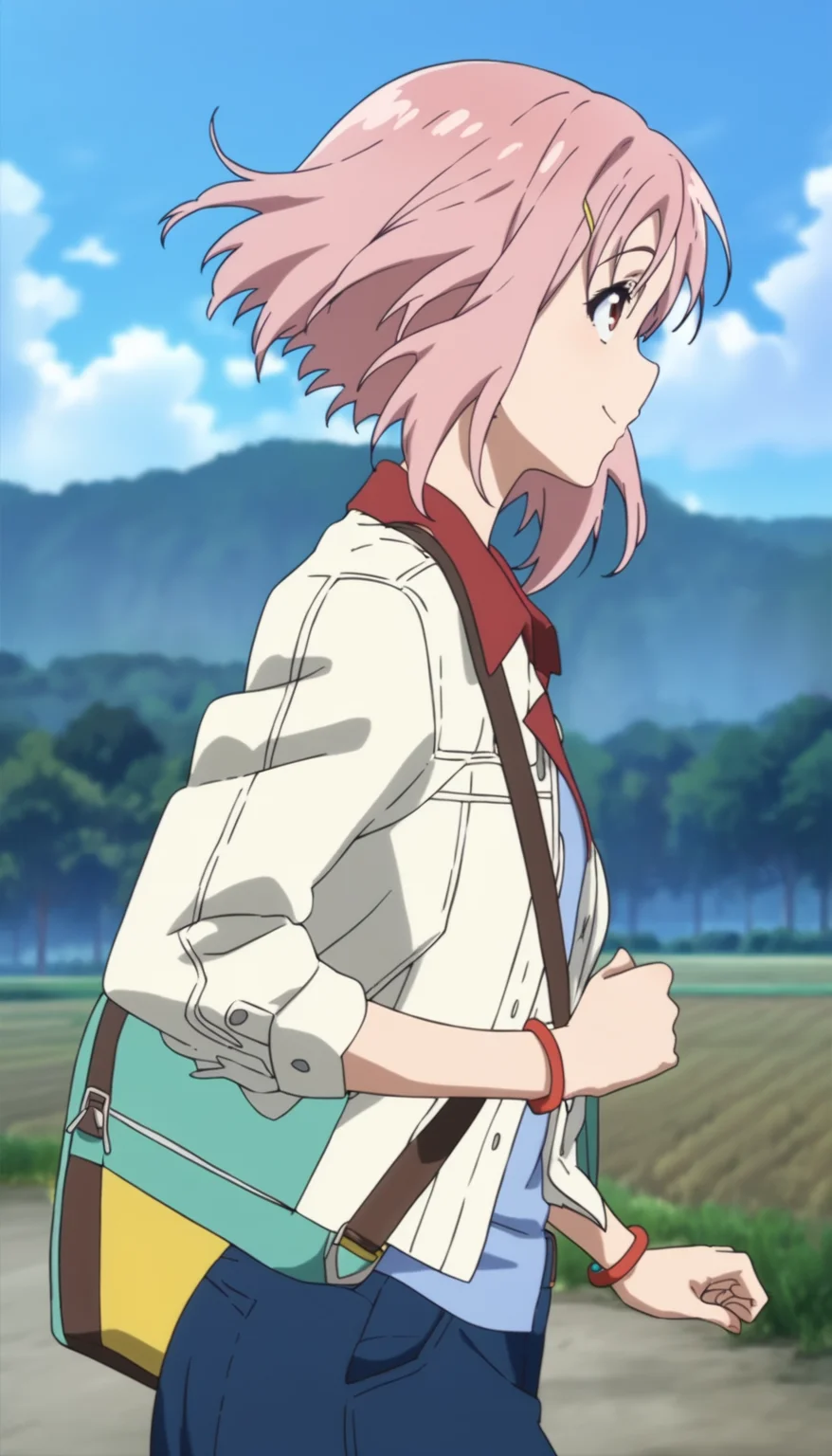 score_9,score_8_up,score_7_up,
<lora:yoshinokoharu>,yoshinokoharu,
1girl, solo, pink hair, short hair, bouncing hair, bangs, red eyes, looking ahead, smile, closed mouth, white jacket, carrying a single-strap shoulder bag, upper body, running, from side,
outdoors,morning,summer,rolling hills,tree,fields,blue sky,cloud,