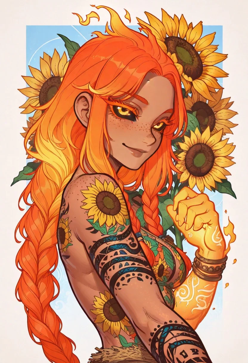 1girl , solo , very long hair , braided ponytail , big hair , fiery hair , elemental , orange hair , golden hair , sunflower eye , sunflower , flower on hair , sunflower pattern , sunflower print , summer , radiating , illuminating , black sclera , yellow eye , tan skin , glowing freckles , (portrait , upper-body) , glowing line , body line , swirling line , spiraling pattern , smile , (( glowing arm , glowing hand , glowing arm tattoo)) , bracelet , glowing bracelet , arm tattoo , braid over shoulder , hay , may , longing , braided sidelocks , ethereal , naked , nude , (long eyelashes , glowing eyelashes) , ((tribal tattoo , blue celtic tattoo)) ,
newest , very awa , masterpiece, best quality , amazing quality, Joseph Virtuoso , ahgot_style , contrasting color , high contrast , ((highly detailed , intricate detail)) ,Flatline, Flat vector illustration ,