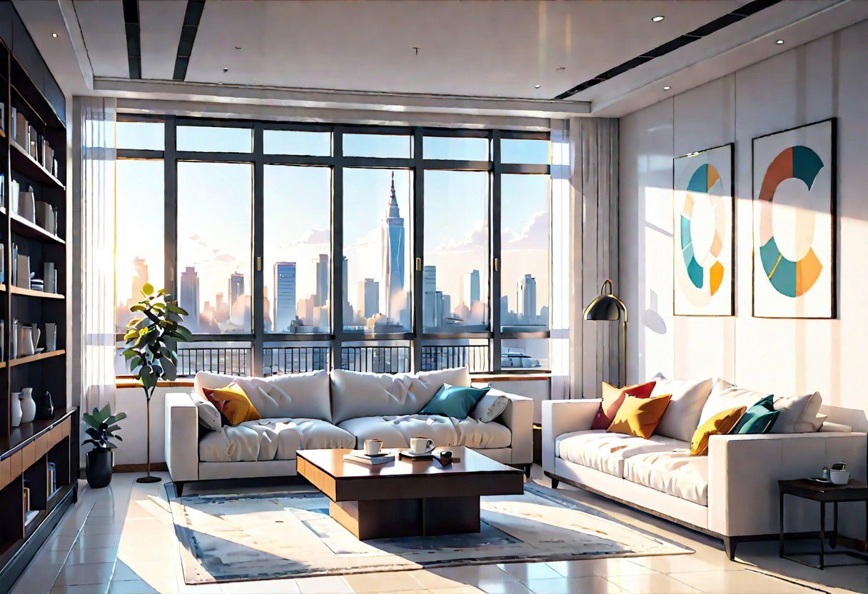 ((front view)), Shallow scene, ((animation style)), modern-style interior, with white walls, (large windows), a  study, Sofa, coffee table, bookcase, single wall, 
warm light morning sun, ((City high-rise building scenery)), (clear sky)