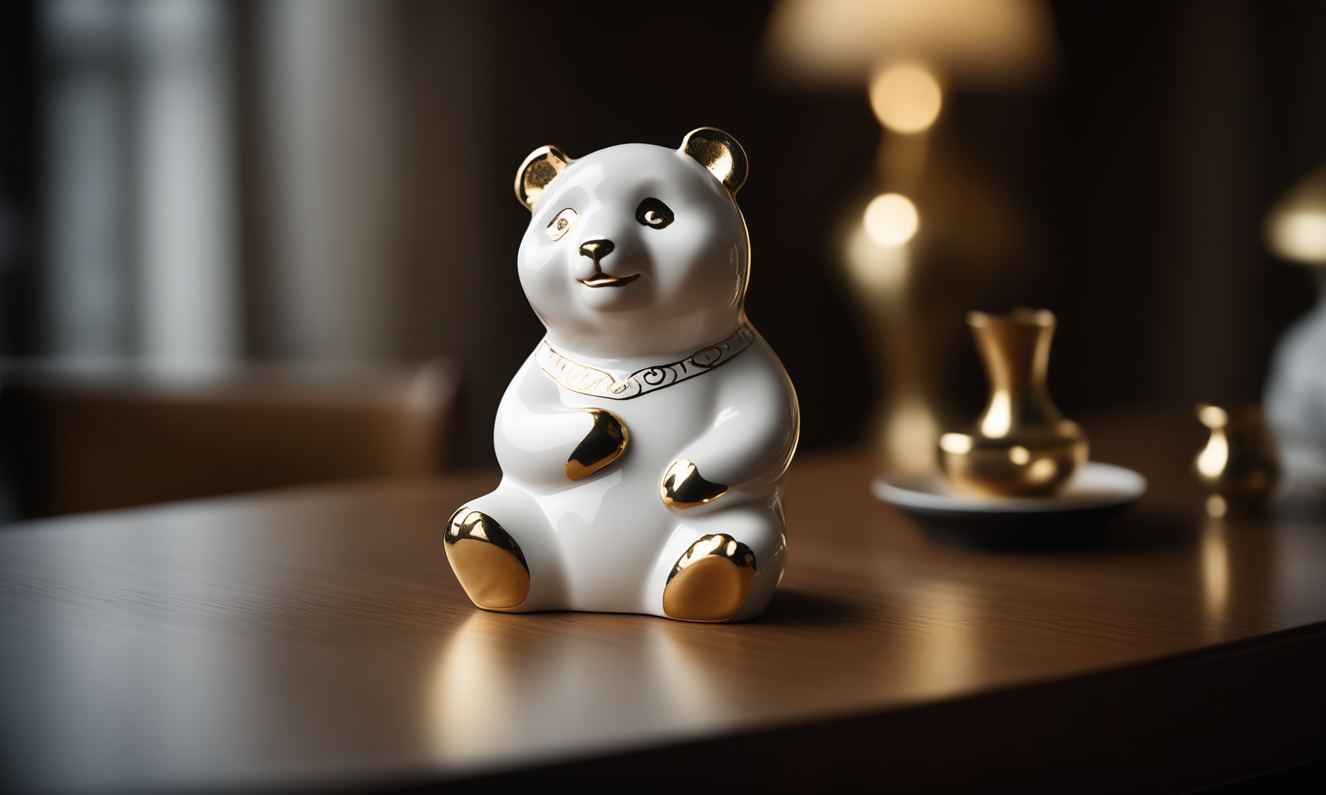 cinematic film still <lora:pcporcelaincd_xl-000006:0.7>,a handmade model toy of a panda made of (pcporcelaincd_xl,porcelain,white theme,gold lacquer,shiny:1.3) in office,no humans,long-focus,tilt-shift,indoors,full body,chinese zodiac,wooden table,cutie,cute,still life,animal statue,front view,facing viewer,looking at viewer . shallow depth of field, vignette, highly detailed, high budget, bokeh, cinemascope, moody, epic, gorgeous, film grain, grainy, 8K, HDR, UHD, masterpiece, best quality, highly detailed, high resolution, finely detail, extremely detailed, ultra detailed, wallpaper