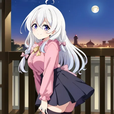 (score_9:0.9),score_8_up,score_7_up,rating_safe,anime style,(zPDXL),masterpiece, anime coloring) rating_safe, anime style, anime_screencap, source_anime,
BREAK source_anime, anime, best quality, masterpiece, rating_safe, uncensored, High quality, 8k, Ultra,
BREAK (Balcony, night sky, moon, wind),
BREAK 1girl, Elaina (Majo no Tabitabi), long hair, hair between_eyes, blue eyes, purple eyes, white hair, ahoge, braid,
<lora:jirai kei_pony_V1.0:1> jirai kei, bow,pink shirt,black skirt,thighhighs,
BREAK ((cowboy shot)),(looking back),(hand in own hair),(hand between legs),(from back),
busty breasts,
(medium breasts:1.2),looking at viewer, smile,