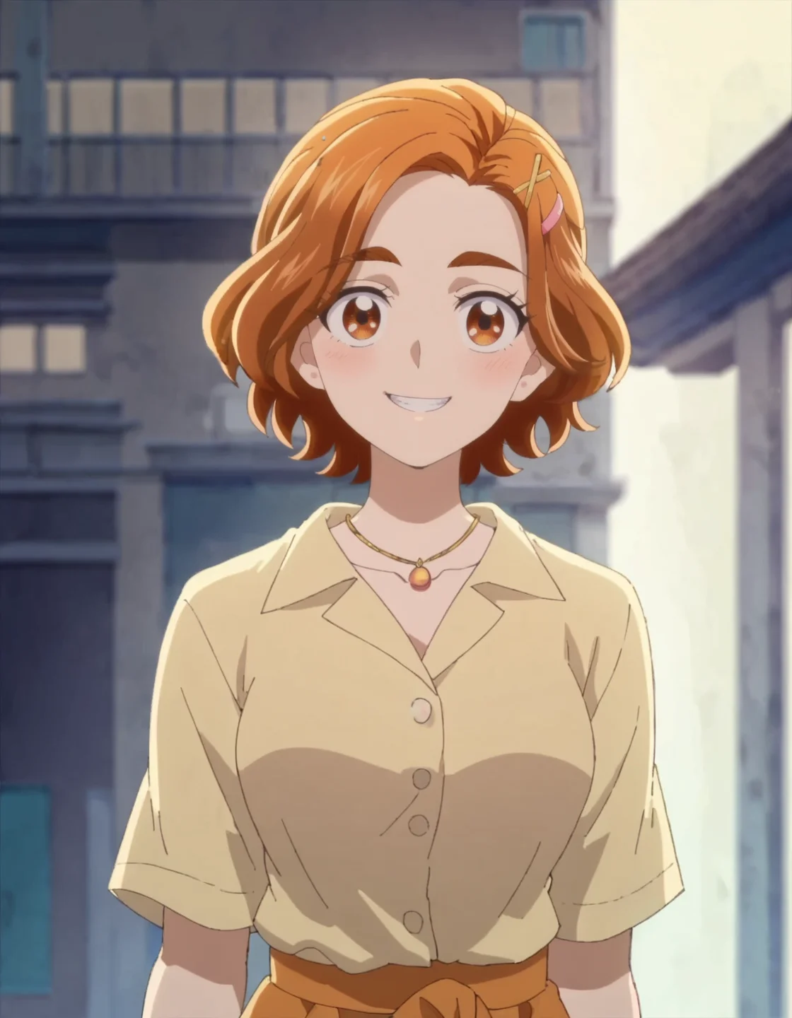 score_9, score_8_up, score_7_up, 1girl, solo, anime screencap, 1girl, solo,hyuugasaki,  jewelry, hair ornament, smile, looking at viewer, shirt,  hairclip, yellow shirt, necklace, cowboy shot,medium breasts,blush <lora:hyuugasaki:0.8>