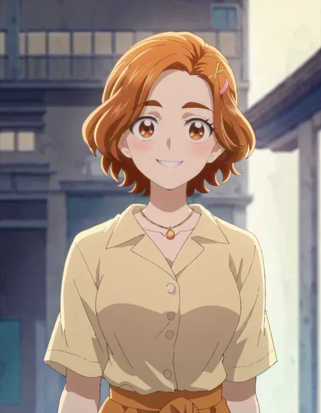 score_9, score_8_up, score_7_up, 1girl, solo, anime screencap, 1girl, solo,hyuugasaki, jewelry, hair ornament, smile, looking at viewer, shirt, hairclip, yellow shirt, necklace, cowboy shot,medium breasts,blush <lora:hyuugasaki:0.8>