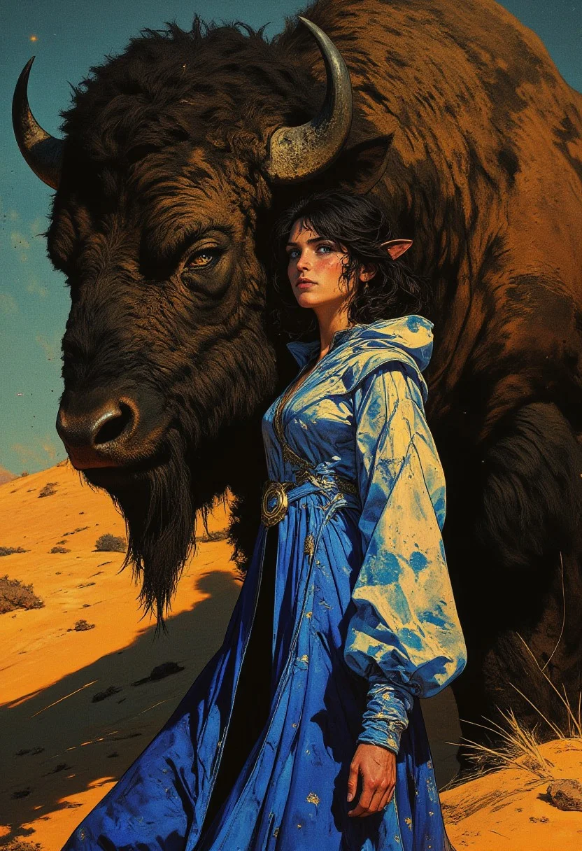 A hyper-realistic close-up portrait of a woman seamlessly blended with her legendary, ancient black bison, exuding both strength and mystique. The woman’s avant-garde medieval Persian gown, composed of layered translucent fabrics in vibrant sapphire and silver, drapes gracefully with asymmetrical cuts and oversized sleeves, cascading like flowing waterfalls. Delicate hand-embroidered celestial patterns adorn the gown, adding an ethereal touch. Her dark, cascading hair, interwoven with luminous threads, seems to merge with the bison’s thick, powerful mane, which shimmers in shades of deep charcoal and dark brown. The bison’s imposing horns curl upward and outward, their textured surfaces gleaming with ancient wisdom, partially obscuring the woman’s body as she stands close to it. One of the bison’s piercing amber eyes occupies part of the frame, radiating an aura of primal force. The woman's sharp, confident gaze mirrors the intensity of her mythical companion, creating a powerful duality. The transition from warm golden sands to cool shadows in the background further emphasizes the surreal, harmonious blending of human and majestic beast, enhancing the otherworldly and avant-garde essence of the scene.