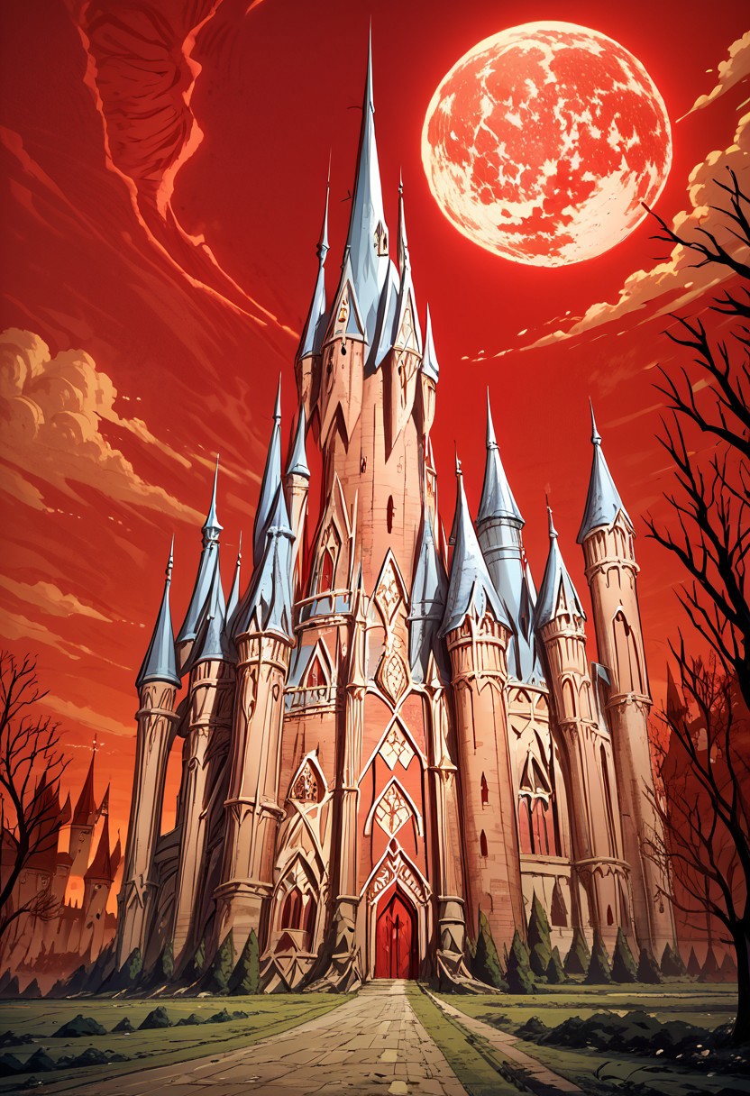 score_9, score_8_up, score_7_up, score_6_up, (masterpiece), Extremely detailed castle, Castlevania_Series, BREAK, Dracula's Castle (Castlevania), Castlevania_(Netflix), Castle:1.2, Tower:1.1, Castle, Tower, Red Sky, Full_Moon, gothic, eerie, Castlevania_Style, Castlevania Style,
