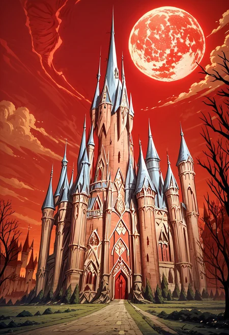 score_9, score_8_up, score_7_up, score_6_up, (masterpiece), Extremely detailed castle, Castlevania_Series, BREAK, Dracula's Castle (Castlevania), Castlevania_(Netflix), Castle:1.2, Tower:1.1, Castle, Tower, Red Sky, Full_Moon, gothic, eerie, Castlevania_Style, Castlevania Style,