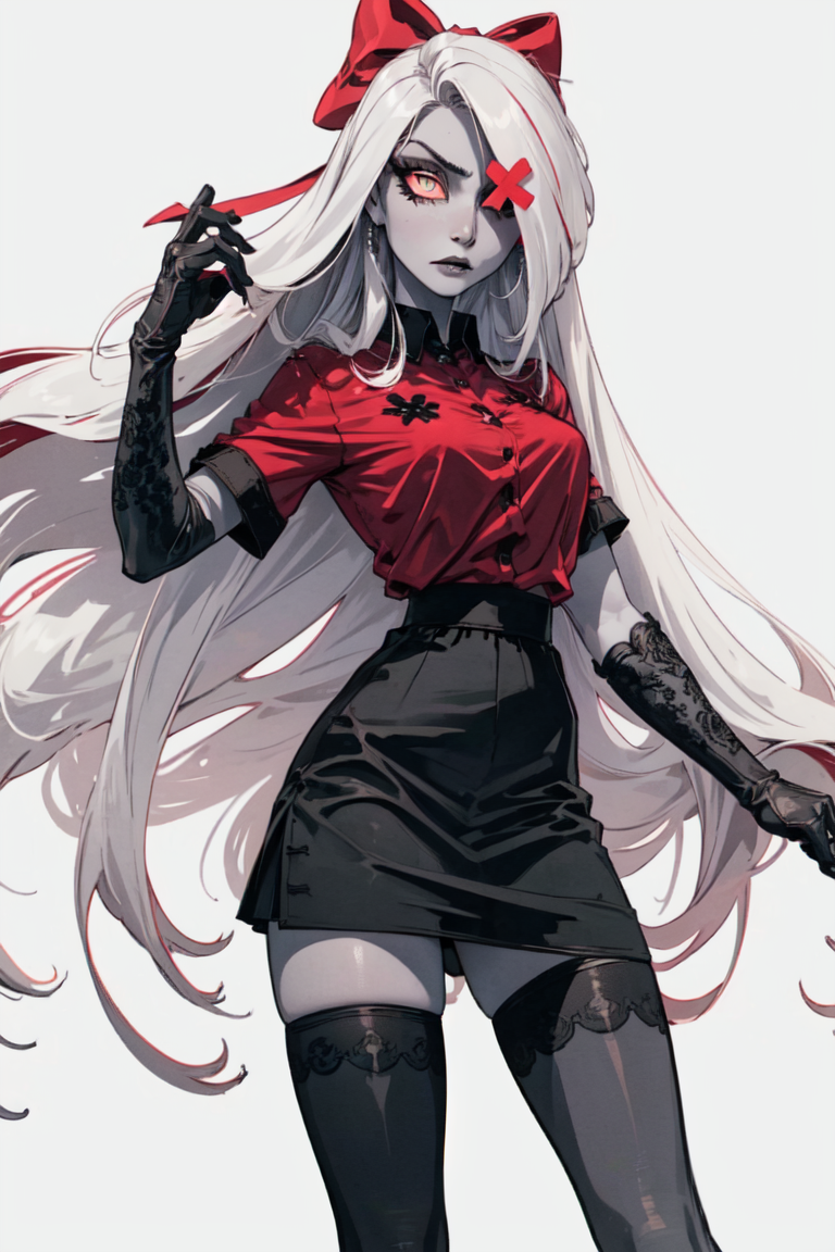 (Vaggie:1.0), (hotel outfit, red shirt, black skirt, stockings, gloves:1.5), (pink sclera, black pupil, grey skin, white hair, long hair, hair bow:1.2), (white background:1.5), (realistic:1.2), (masterpiece:1.2), (full-body-shot:1),(Cowboy-shot:1.2), neon lighting, dark romantic lighting, (highly detailed:1.2),(detailed face:1.2), (gradients), colorful, detailed eyes, (detailed landscape:1.2), (natural lighting:1.2), (cute pose:1.2), (solo, one person, 1girl:1.5), standing, <lora:VaggieHazbinHotel-09:0.8>  <lora:add_detail:0.15> <lora:hipoly3DModelLora_v10:0.05> <lora:RSERomantic_RSESofiko_RSEEmma-v1:0.1> <lora:BeautifulEyes:0.65> <lyco:coloredSkin-08:0.4>