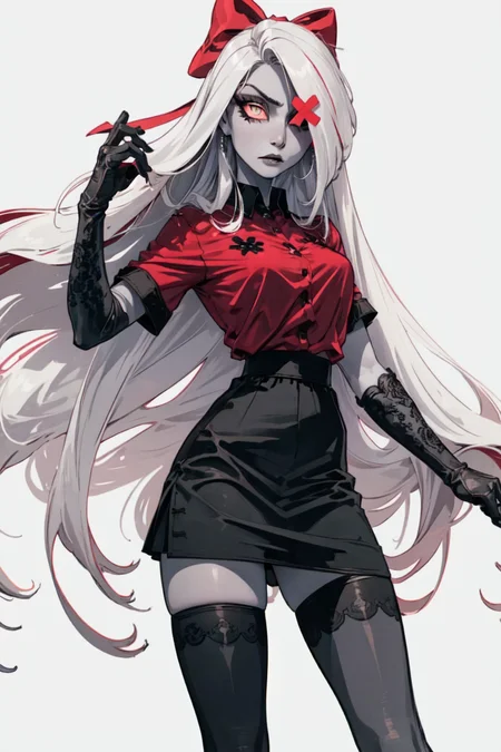 (Vaggie:1.0), (hotel outfit, red shirt, black skirt, stockings, gloves:1.5), (pink sclera, black pupil, grey skin, white hair, long hair, hair bow:1.2), (white background:1.5), (realistic:1.2), (masterpiece:1.2), (full-body-shot:1),(Cowboy-shot:1.2), neon lighting, dark romantic lighting, (highly detailed:1.2),(detailed face:1.2), (gradients), colorful, detailed eyes, (detailed landscape:1.2), (natural lighting:1.2), (cute pose:1.2), (solo, one person, 1girl:1.5), standing, <lora:VaggieHazbinHotel-09:0.8> <lora:add_detail:0.15> <lora:hipoly3DModelLora_v10:0.05> <lora:RSERomantic_RSESofiko_RSEEmma-v1:0.1> <lora:BeautifulEyes:0.65> <lyco:coloredSkin-08:0.4>