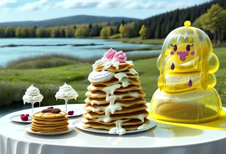 {foodphoto, a stack of pancakes made out of slime, (slime pancakes:2.5), slime syrup, slime pancakes covered in syrup, a swirl of slime whipped topping on top of a stack of pancakes, (slime whipped cream:2.5), (tan slime pancakes:2.5), (white slime topping:2.5)}, 
plate made of slime, table made of slime,
natural light, no bright spots, 
((translucent slime)), ((transparent slime)), made of water, (bioluminescent slime), sl1m3d, slime, slime-morph, ais-blmn, saturated colors, no creatures, no humans, no monsters, no pokemon, scenery only, scenery, no slime creatures,