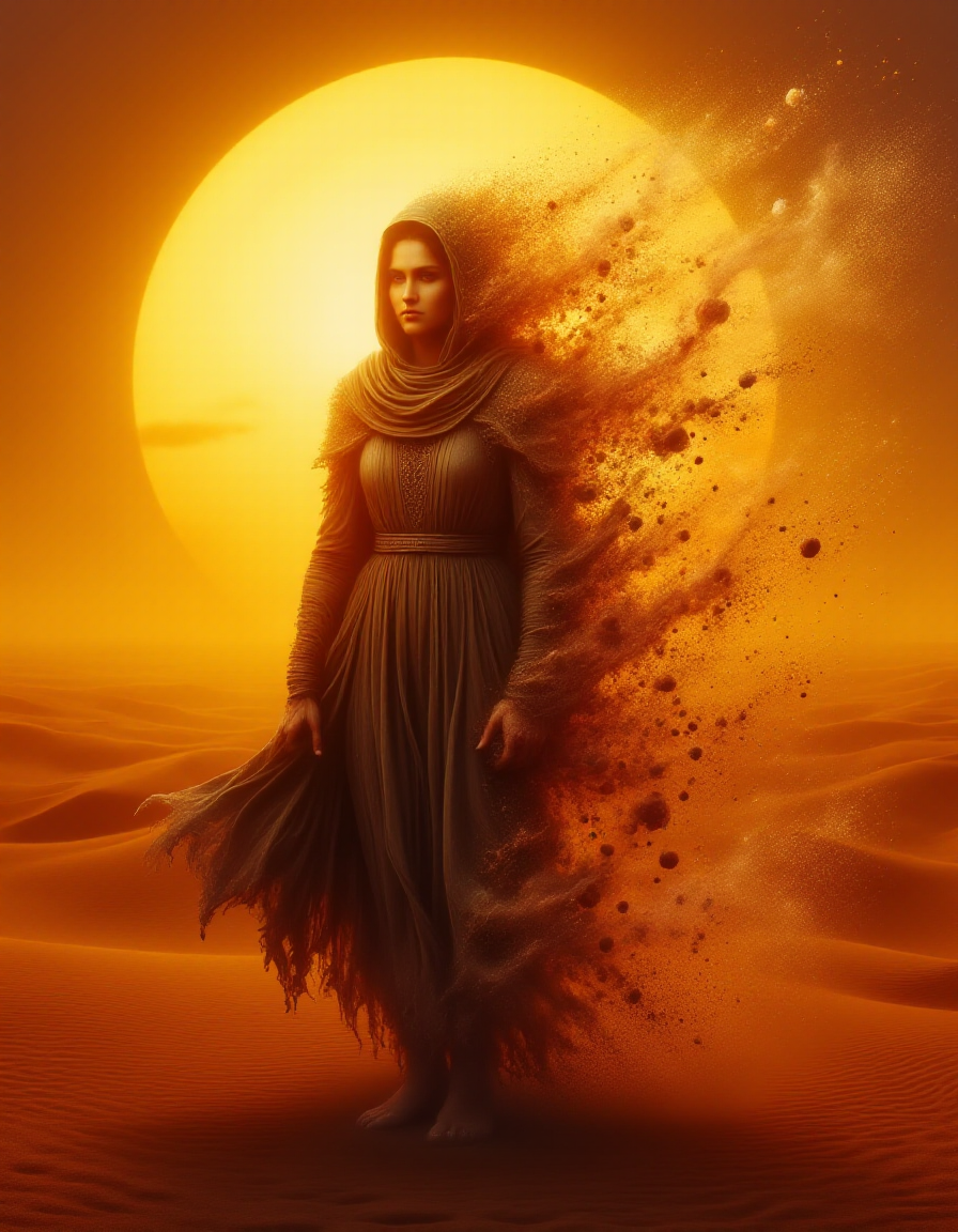 A cloaked oracle standing in the center of a vast desert under the golden glow of a setting sun, depicted in a ral-dissolve style. Her robes begin to fragment into flowing grains of sand and faintly glowing amber particles, swirling upward as if carried by the desert wind. The deep oranges and reds of the sunset blend with her dissolving form, evoking a sense of mysticism and timelessness.
 <lora:ral-dissolve-flux_000005000:1>