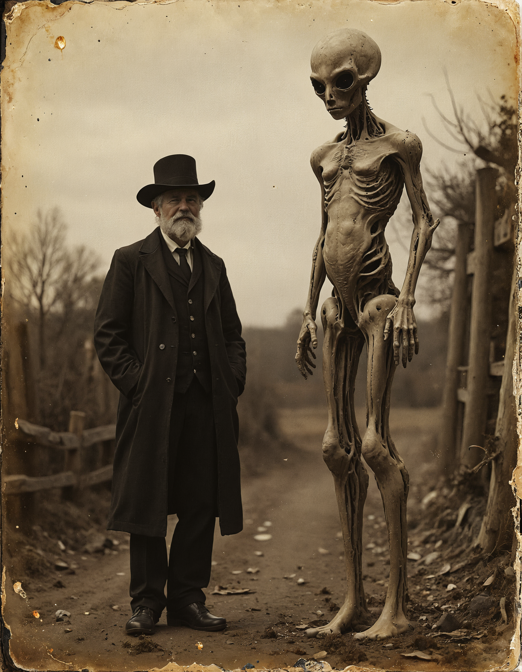 Vintage sepia-toned photograph depicting a surreal scene from the late 19th century. An elderly gentleman in period attire - dark suit, waistcoat, and wide-brimmed hat - stands beside a tall, skeletal alien figure. The alien is gaunt, with an elongated skull, large black eyes, and a frail body showing visible ribs. The setting is a rural autumn landscape with bare trees and scattered leaves. The image has the soft focus and slight blur characteristic of early photography, with visible grain and subtle imperfections. Muted earth tones dominate, emphasizing the contrast between the dark-clothed man and the pale alien. The composition suggests a formal portrait, with both figures facing the camera in a rigid pose. A wooden fence is partially visible in the background, adding to the rustic atmosphere. The juxtaposition of the mundane and the extraordinary creates an eerie, otherworldly ambiance, as if capturing a secret moment in alternative history. The photograph appears aged, with slight fading and foxing around the edges, enhancing its authenticity as a relic from a bygone era.